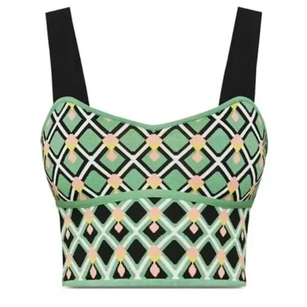 BcbgMaxAzria Women's Diamond-Print Knit Cropped Top Geometric Green Pink Black S